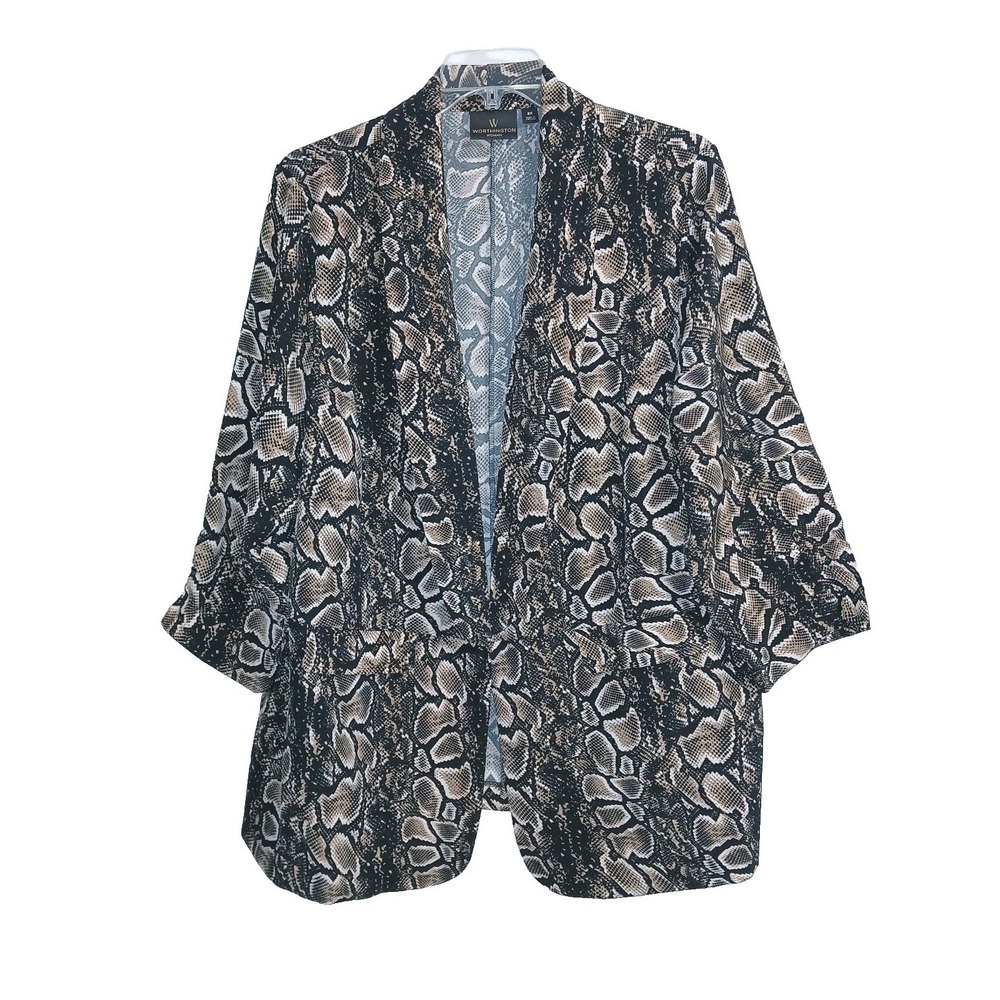 Worthington Women Cardigan Jacket 2X Tan Black Snake Reptile Longline Open Front